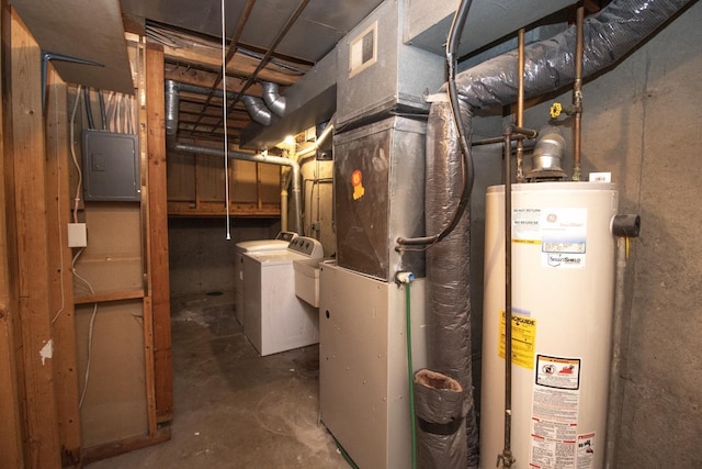 utility room with gas water heater, electric panel, and washer / dryer