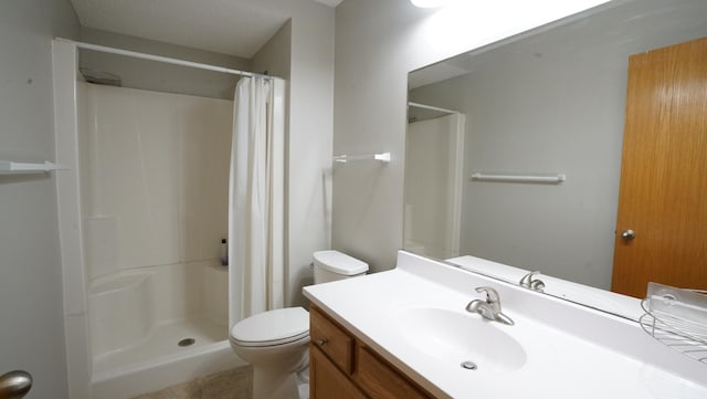 full bath with curtained shower, toilet, tile patterned flooring, and vanity