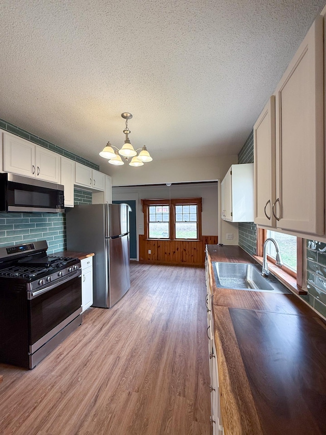 329 2nd St, Le Sueur, MN 56058 - kitchen with an inviting chandelier, light wood-style floors, wood counters, a textured ceiling, and appliances with stainless steel finishes