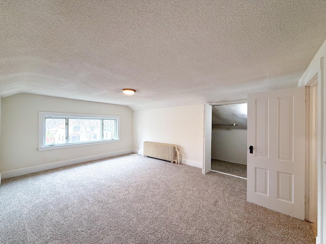 329 2nd St, Le Sueur, MN 56058 - interior space featuring a textured ceiling, radiator, baseboards, lofted ceiling, and carpet floors