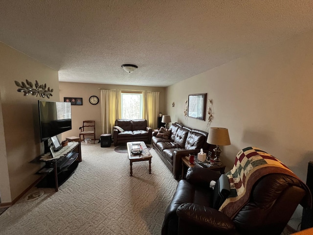 carpeted living area featuring a textured ceiling