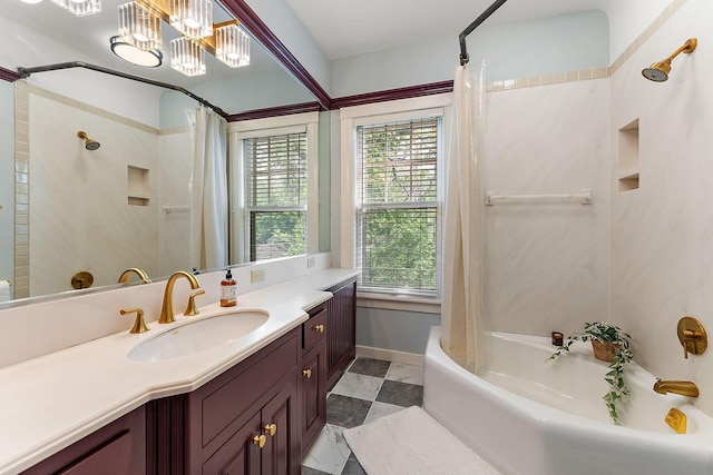 5224 17th Ave S, Minneapolis, MN 55417 - full bathroom with vanity, plenty of natural light, shower / tub combo, and a chandelier
