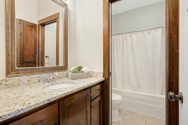 3839 189th Ln NW, Oak Grove, MN 55303 - bathroom with toilet, vanity, shower / tub combo with curtain, and tile patterned floors