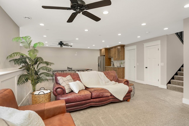 3839 189th Ln NW, Oak Grove, MN 55303 - living room with recessed lighting, stairs, ceiling fan, light carpet, and baseboards