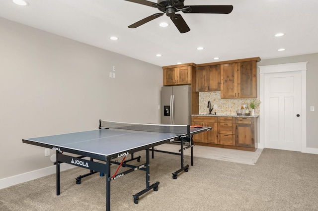3839 189th Ln NW, Oak Grove, MN 55303 - playroom featuring recessed lighting, ceiling fan, light carpet, baseboards, and a sink