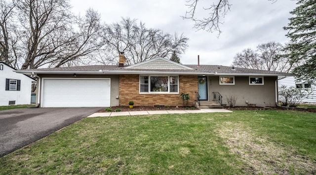 ranch-style house featuring aphalt driveway, a chimney, a garage, a front yard, and stucco siding