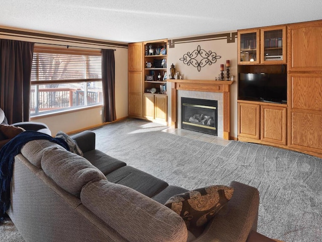 2052 Wilhelm Ct, Shakopee, MN 55379 - living area featuring light carpet, a fireplace, a textured ceiling, and baseboards