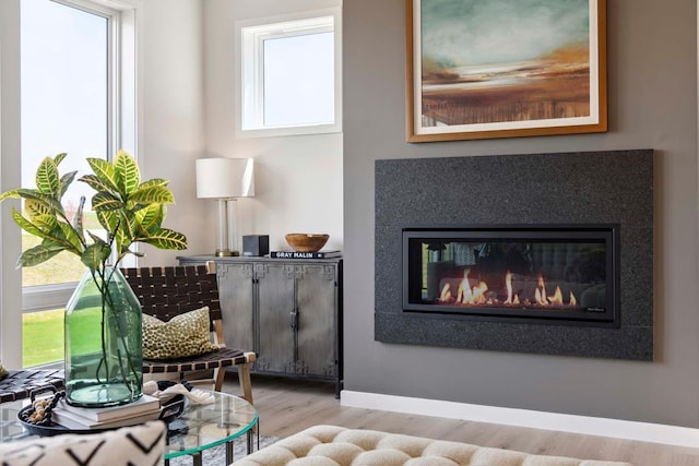 living area with a glass covered fireplace, baseboards, wood finished floors, and plenty of natural light