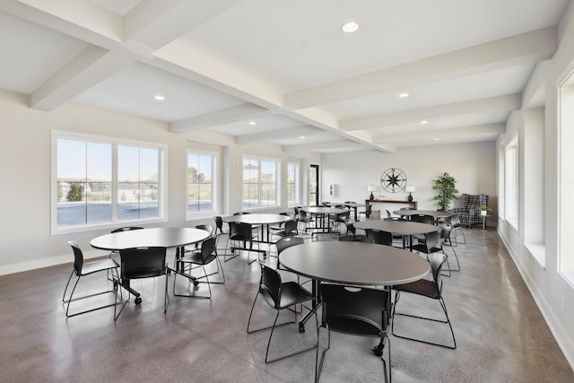 dining room with baseboards, recessed lighting, finished concrete flooring, and beam ceiling