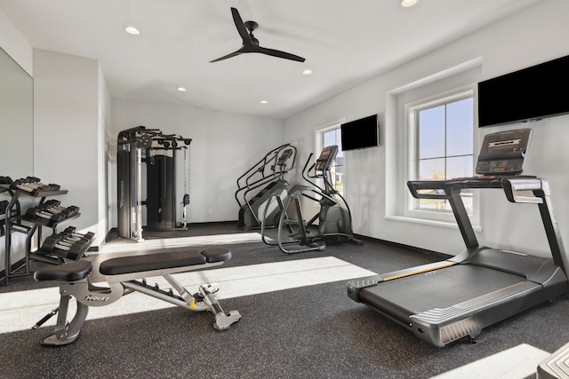 gym with recessed lighting and ceiling fan