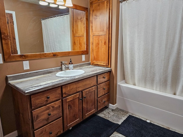 full bath with vanity and shower / tub combo with curtain