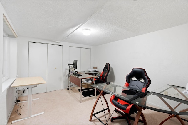 carpeted office with a textured ceiling