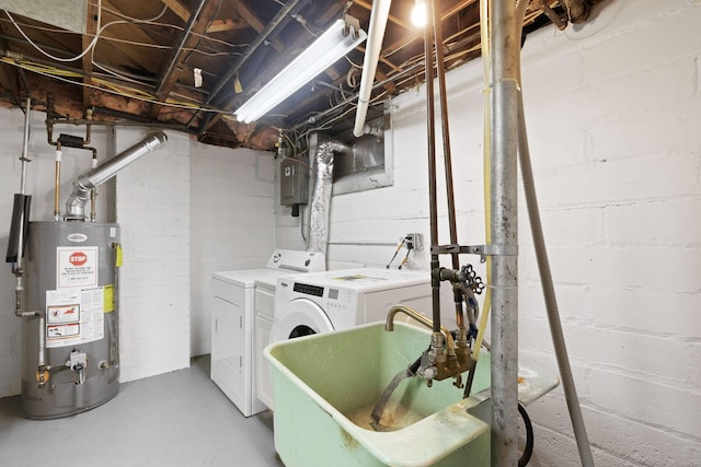 laundry area with washer and dryer, laundry area, a sink, gas water heater, and electric panel