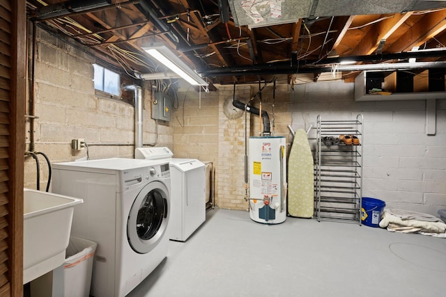 washroom featuring laundry area, a sink, water heater, washer and clothes dryer, and electric panel