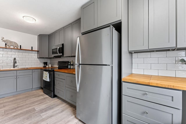 421 Robert St S, Saint Paul, MN 55107 - kitchen featuring stainless steel appliances, open shelves, wooden counters, a sink, and gray cabinetry