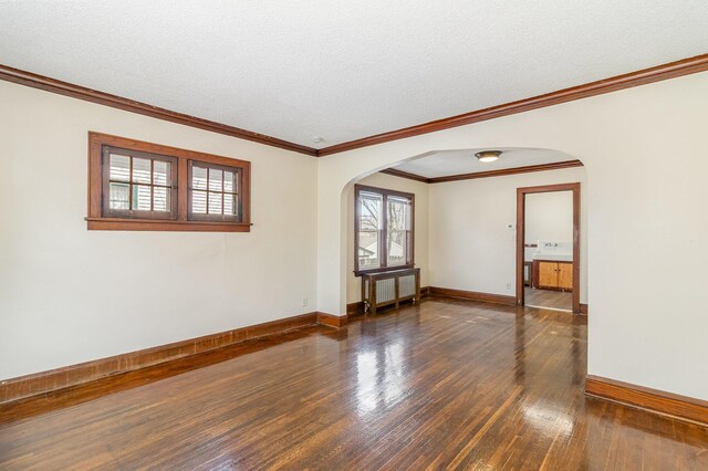 spare room featuring plenty of natural light, arched walkways, and dark wood-type flooring