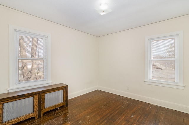 spare room featuring a healthy amount of sunlight, baseboards, and dark wood-type flooring