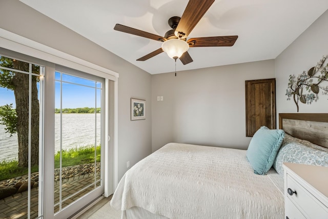 11831 Gulden Ave NW, Maple Lake, MN 55358 - bedroom with access to outside, a water view, and a ceiling fan
