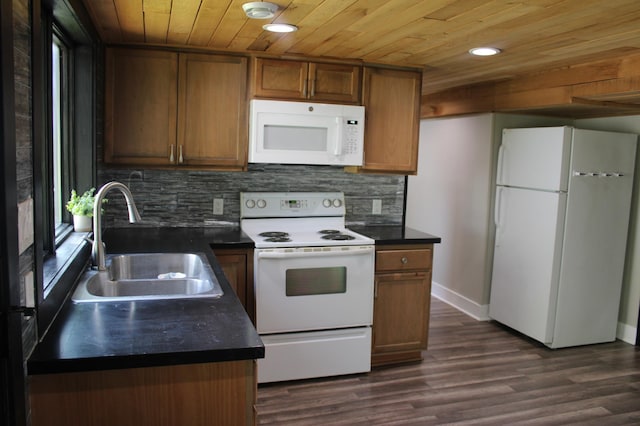 kitchen featuring white appliances, a sink, wooden ceiling, dark countertops, and baseboards