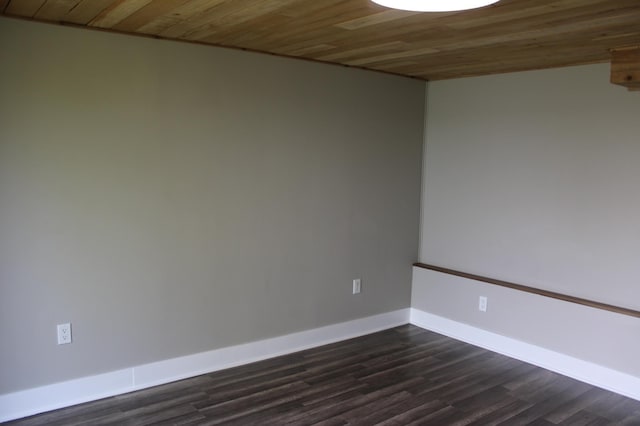 unfurnished room with wooden ceiling, dark wood-type flooring, and baseboards