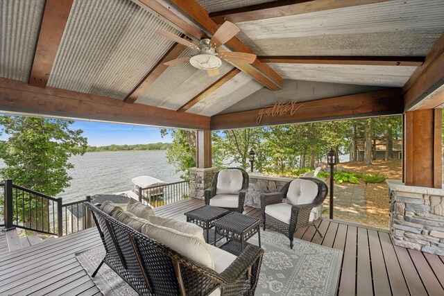 11847 Gulden Ave NW, Maple Lake, MN 55358 - wooden terrace featuring a water view, a ceiling fan, and an outdoor hangout area