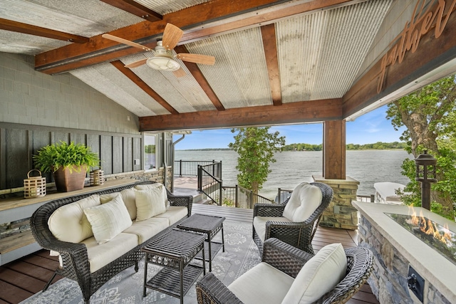 11847 Gulden Ave NW, Maple Lake, MN 55358 - view of patio / terrace with an outdoor living space with a fire pit, a ceiling fan, and a deck with water view