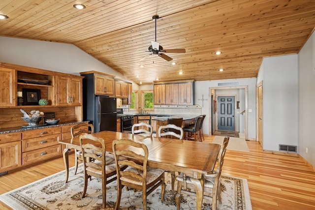 11847 Gulden Ave NW, Maple Lake, MN 55358 - dining space with a ceiling fan, wood ceiling, recessed lighting, light wood finished floors, and lofted ceiling