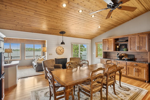 11847 Gulden Ave NW, Maple Lake, MN 55358 - dining space with lofted ceiling, wooden ceiling, light wood-type flooring, recessed lighting, and ceiling fan
