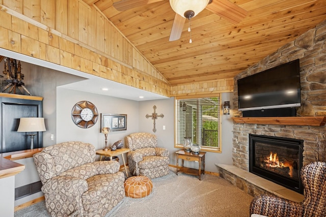 11847 Gulden Ave NW, Maple Lake, MN 55358 - carpeted living room with lofted ceiling, wooden ceiling, a stone fireplace, and ceiling fan