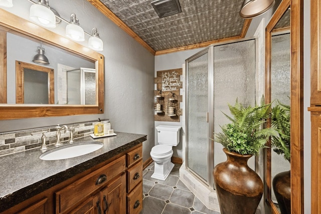 11847 Gulden Ave NW, Maple Lake, MN 55358 - bathroom featuring a textured wall, vanity, ornamental molding, a shower stall, and an ornate ceiling