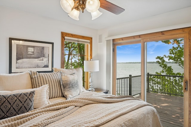 11847 Gulden Ave NW, Maple Lake, MN 55358 - bedroom with access to exterior, a water view, and ceiling fan