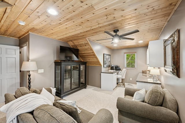 11847 Gulden Ave NW, Maple Lake, MN 55358 - carpeted living room featuring wood ceiling, ceiling fan, recessed lighting, and a desk