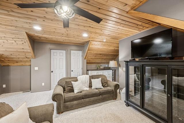 11847 Gulden Ave NW, Maple Lake, MN 55358 - living room with wooden ceiling, carpet floors, a ceiling fan, recessed lighting, and lofted ceiling