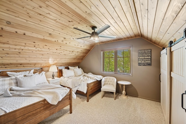 11847 Gulden Ave NW, Maple Lake, MN 55358 - carpeted bedroom featuring a barn door, wood ceiling, lofted ceiling, and a ceiling fan