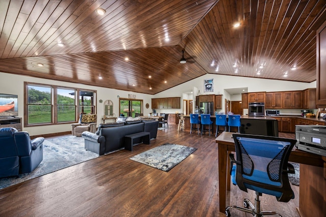 1116 County Road 46, Clearwater, MN 55320 - living area featuring lofted ceiling, wooden ceiling, and dark wood-style floors
