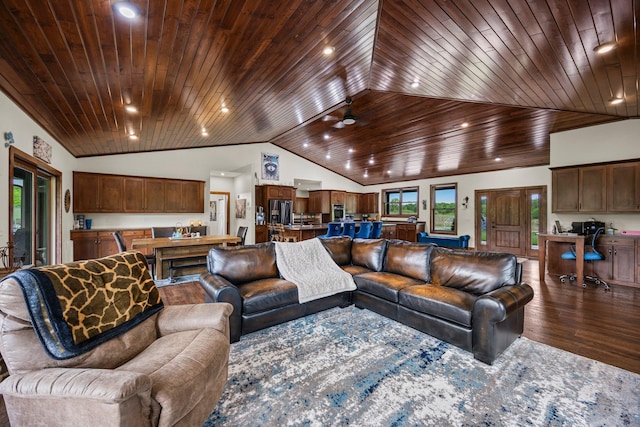1116 County Road 46, Clearwater, MN 55320 - living room featuring wooden ceiling, vaulted ceiling, dark wood-type flooring, and ceiling fan
