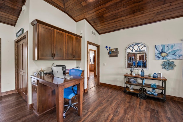 1116 County Road 46, Clearwater, MN 55320 - office area with vaulted ceiling, wood ceiling, baseboards, and dark wood-style floors