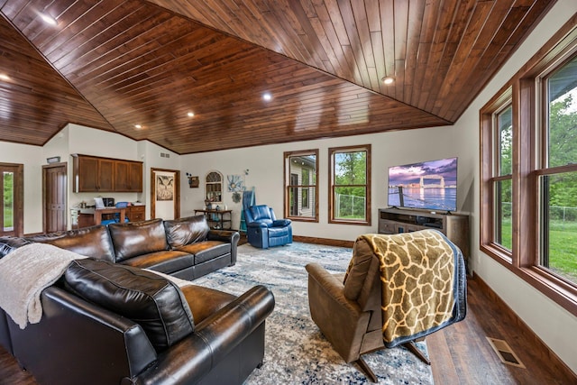 1116 County Road 46, Clearwater, MN 55320 - living area featuring wooden ceiling, lofted ceiling, baseboards, dark wood-style floors, and recessed lighting