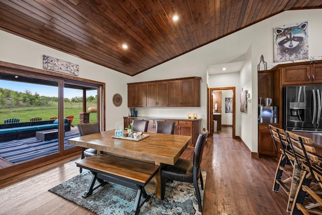 1116 County Road 46, Clearwater, MN 55320 - dining area with vaulted ceiling, wooden ceiling, recessed lighting, dark wood finished floors, and baseboards