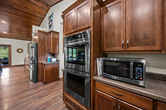 1116 County Road 46, Clearwater, MN 55320 - kitchen featuring appliances with stainless steel finishes, wooden ceiling, dark wood finished floors, lofted ceiling, and dark countertops