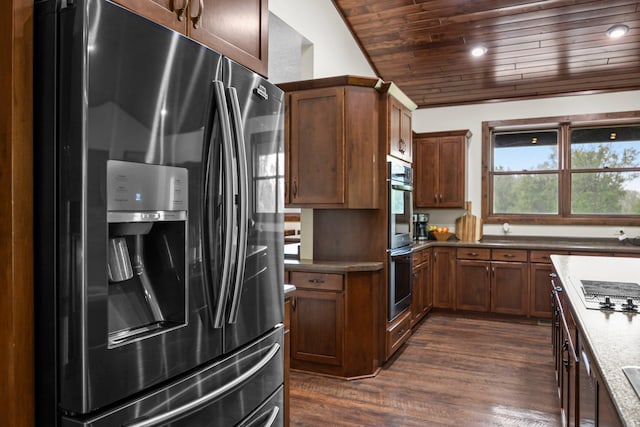 1116 County Road 46, Clearwater, MN 55320 - kitchen featuring stainless steel appliances, wood ceiling, dark wood finished floors, brown cabinetry, and recessed lighting