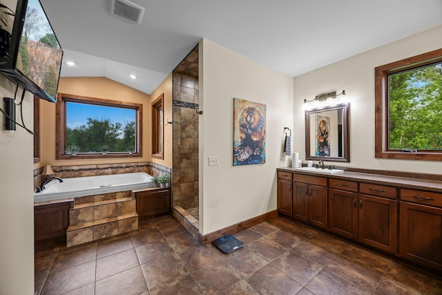 1116 County Road 46, Clearwater, MN 55320 - full bath featuring a tile shower, vanity, a garden tub, baseboards, and vaulted ceiling