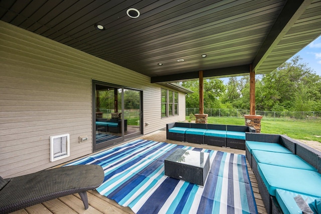 1116 County Road 46, Clearwater, MN 55320 - deck featuring an outdoor hangout area and view of wooded area