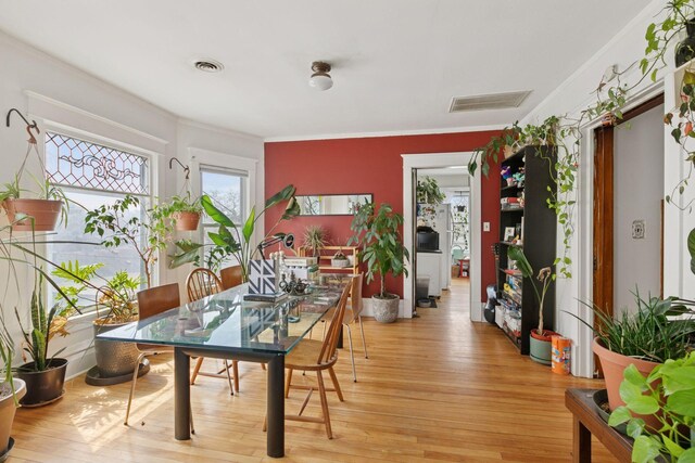 650 Pierce St NE, Minneapolis, MN 55413 - dining room featuring ornamental molding, light wood-style flooring, and visible vents