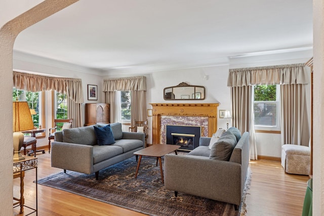 1804 Pinehurst Ave, Saint Paul, MN 55116 - living room featuring wood finished floors, ornamental molding, and a glass covered fireplace