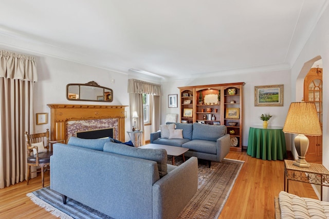 1804 Pinehurst Ave, Saint Paul, MN 55116 - living area with light wood-type flooring, crown molding, and a premium fireplace