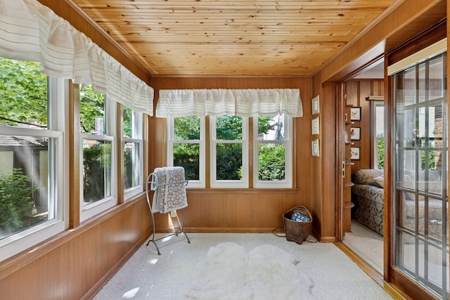 1804 Pinehurst Ave, Saint Paul, MN 55116 - sunroom / solarium featuring wooden walls, healthy amount of natural light, wooden ceiling, and carpet flooring