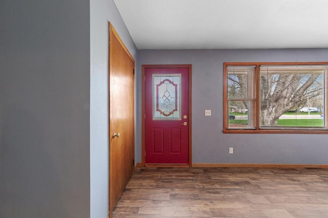 foyer entrance with baseboards, plenty of natural light, and wood finished floors