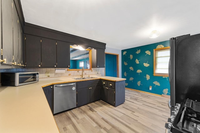 kitchen featuring light wood finished floors, light countertops, stainless steel appliances, and a sink