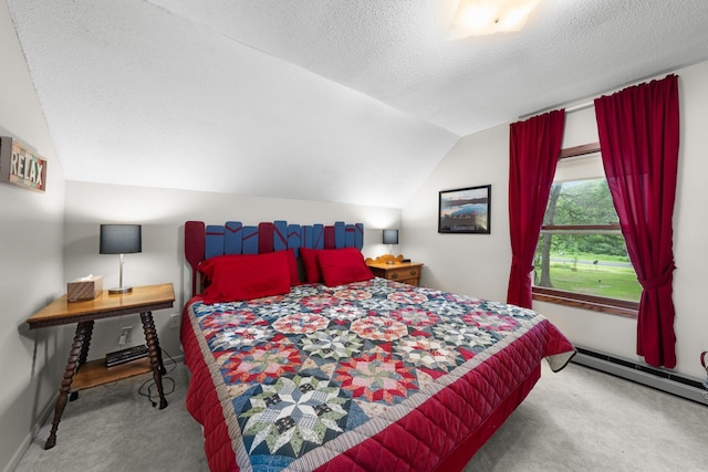 bedroom with baseboard heating, carpet floors, lofted ceiling, and a textured ceiling